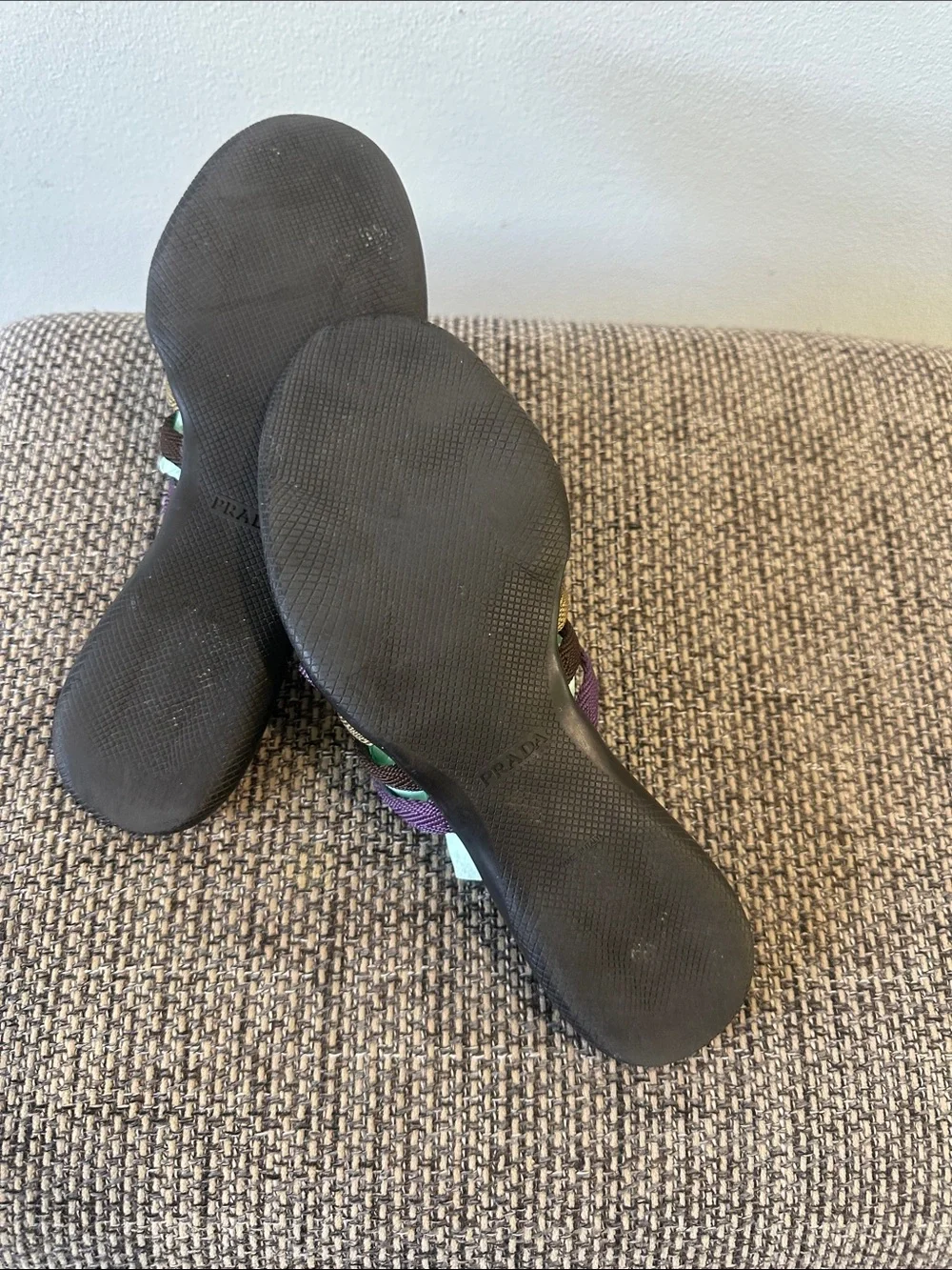 Vintage Prada Black Leather Multistrap Slide Sandals Purple and Gold Rope Straps